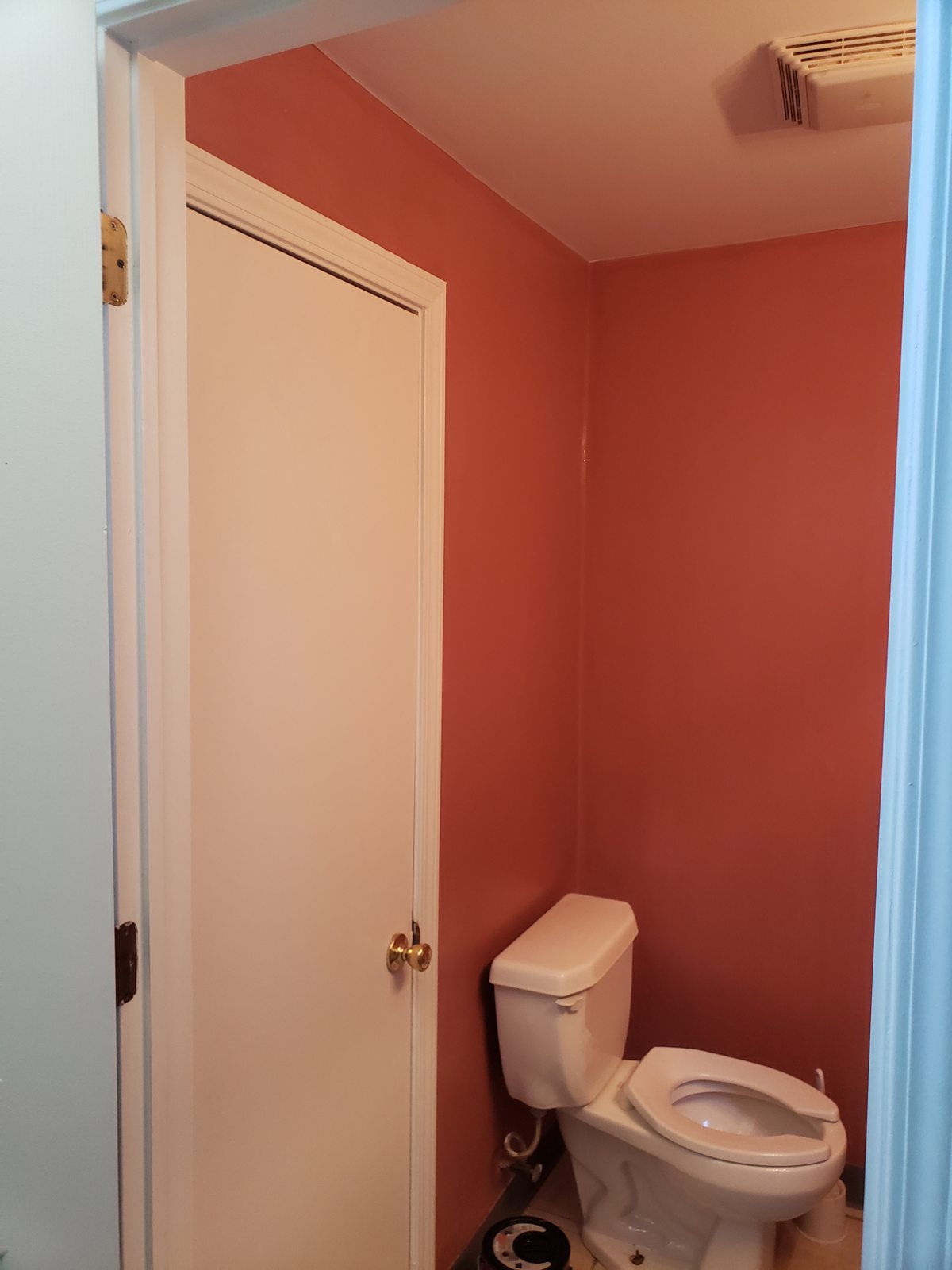 Finished bathroom in warm coral