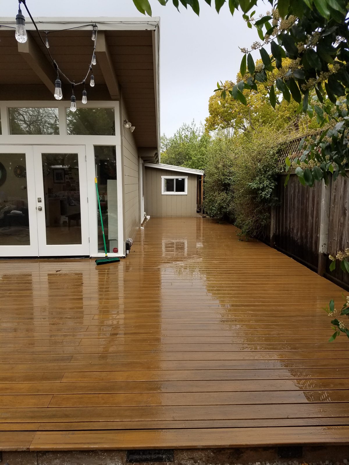 Wood fence enclosing a backyard patio